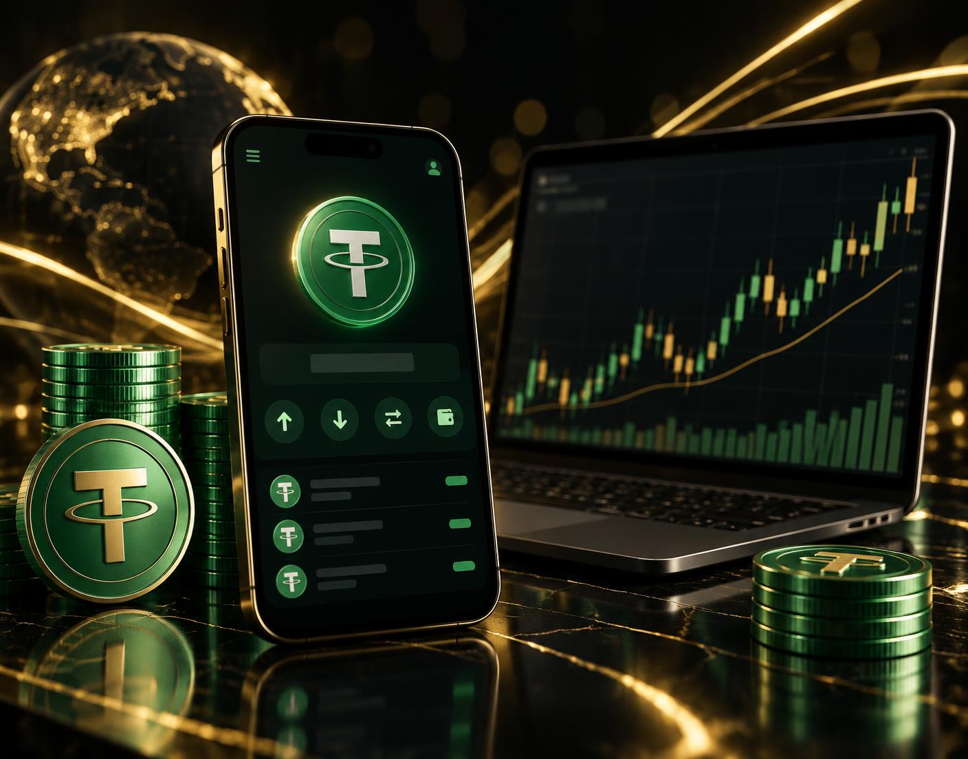 Carteira USDT no telemóvel e gráfico de negociação no computador